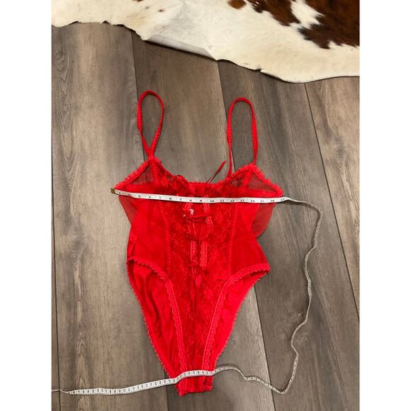 Vintage V-Neck Lace Teddy Bodysuit High Cut lingerie Size L Red - Picture 6 of 7